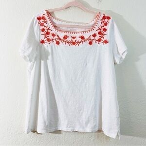 Talbots Square Neck Short Sleeve Embroidered Top Women Size X Red/White